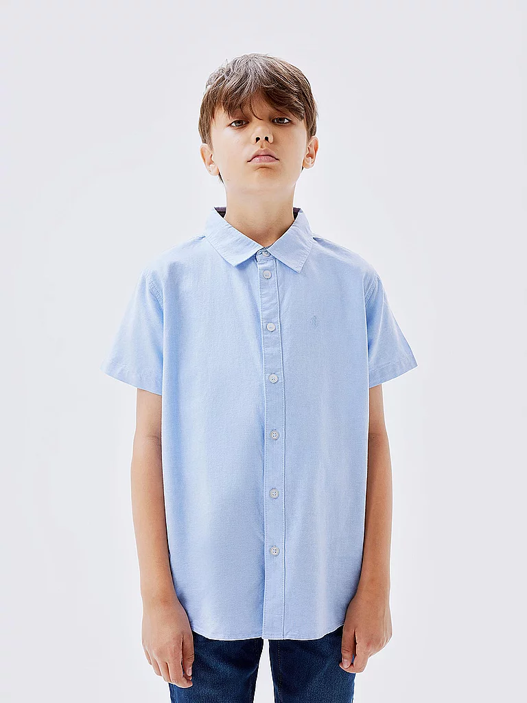 Kurzarmhemd NAME IT "NKMNEWSA SS SHIRT NOOS", Jungen, Gr. 122 (128), N-Gr, blau (campanula), Web, Obermaterial: 100% Baumwolle, unifarben, normal, Hemden, Baumwolle, normal geschnitten 2